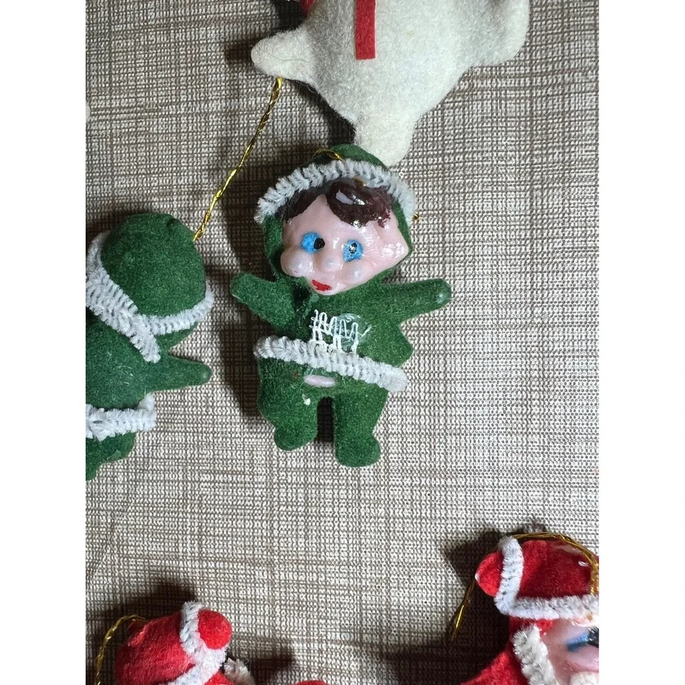 Vintage Flocked Christmas Ornaments Set of 8 Santa Elf Snowman Retro Mid Century